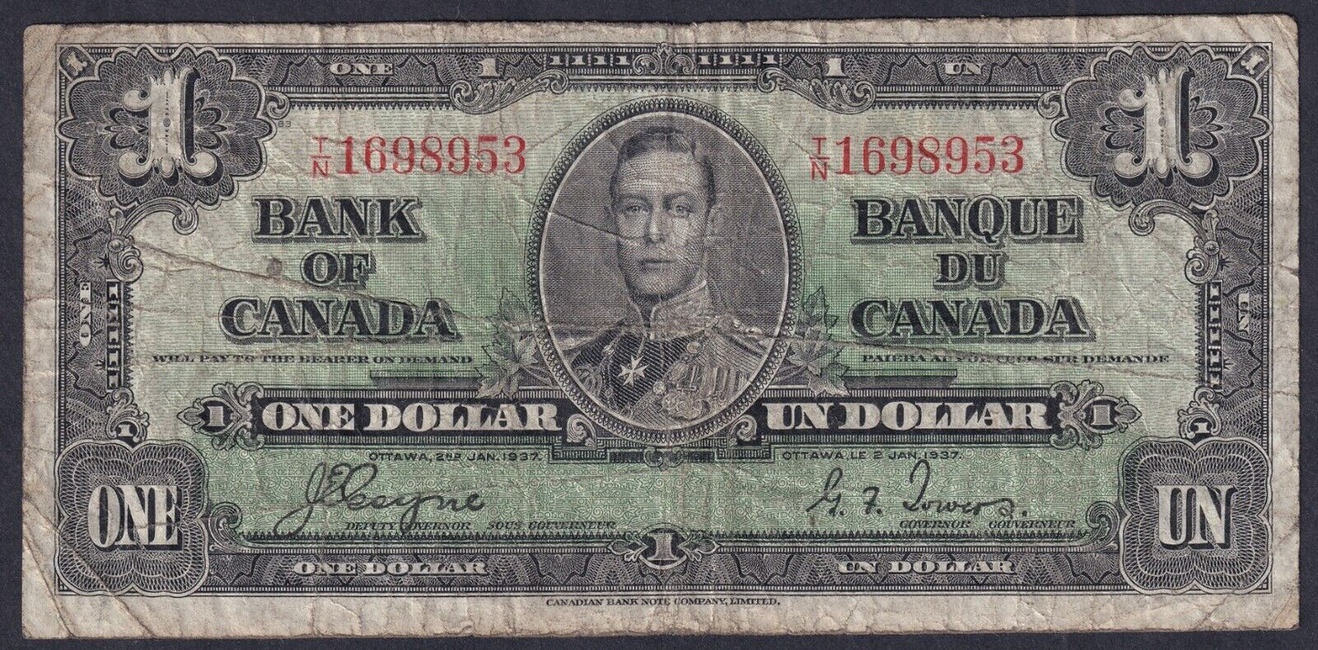 Canada 1937 $1 One Dollar Banknote Coyne - Towers