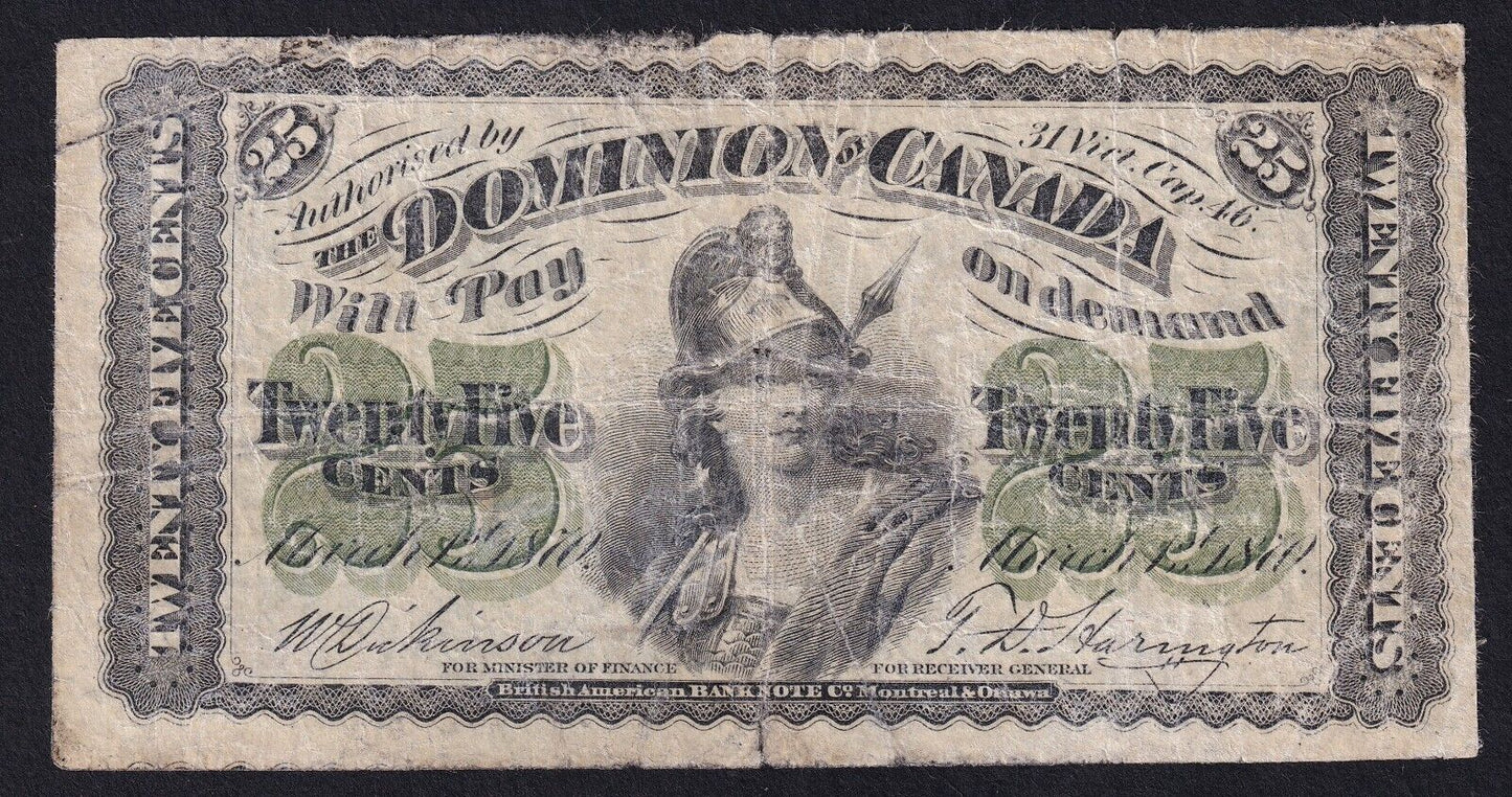 Dominion of Canada 1870 25 Cent Shinplaster Plain Dickinson-Harington Nice Note