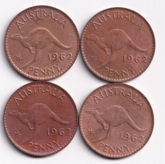 Lot Of 4 1962 Australia Pennies Queen Elizabeth II Very Cool Lot