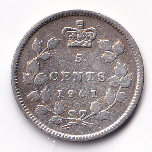 Canada 1901 5C 5 Cent VF Queen Victoria .925 Silver Coin