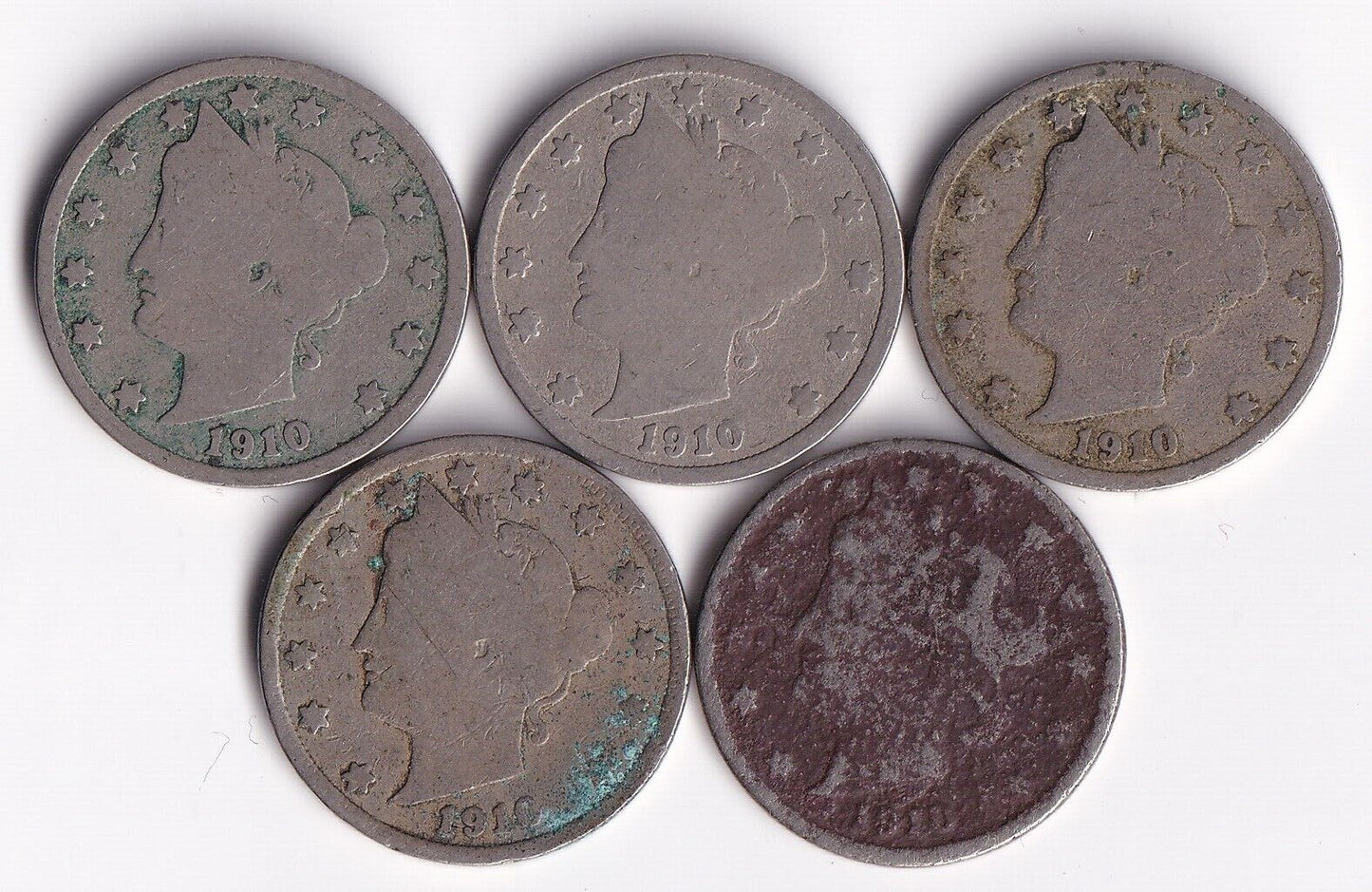 USA 1910 5c Liberty Head Nickel Lot Of Five Harder Date