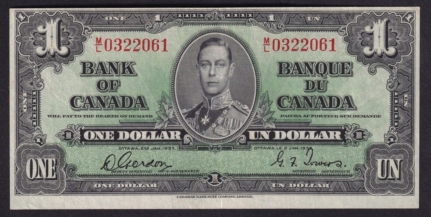 Canada 1937 $1 One Dollar Banknote Gordon - Towers M/L 0322061