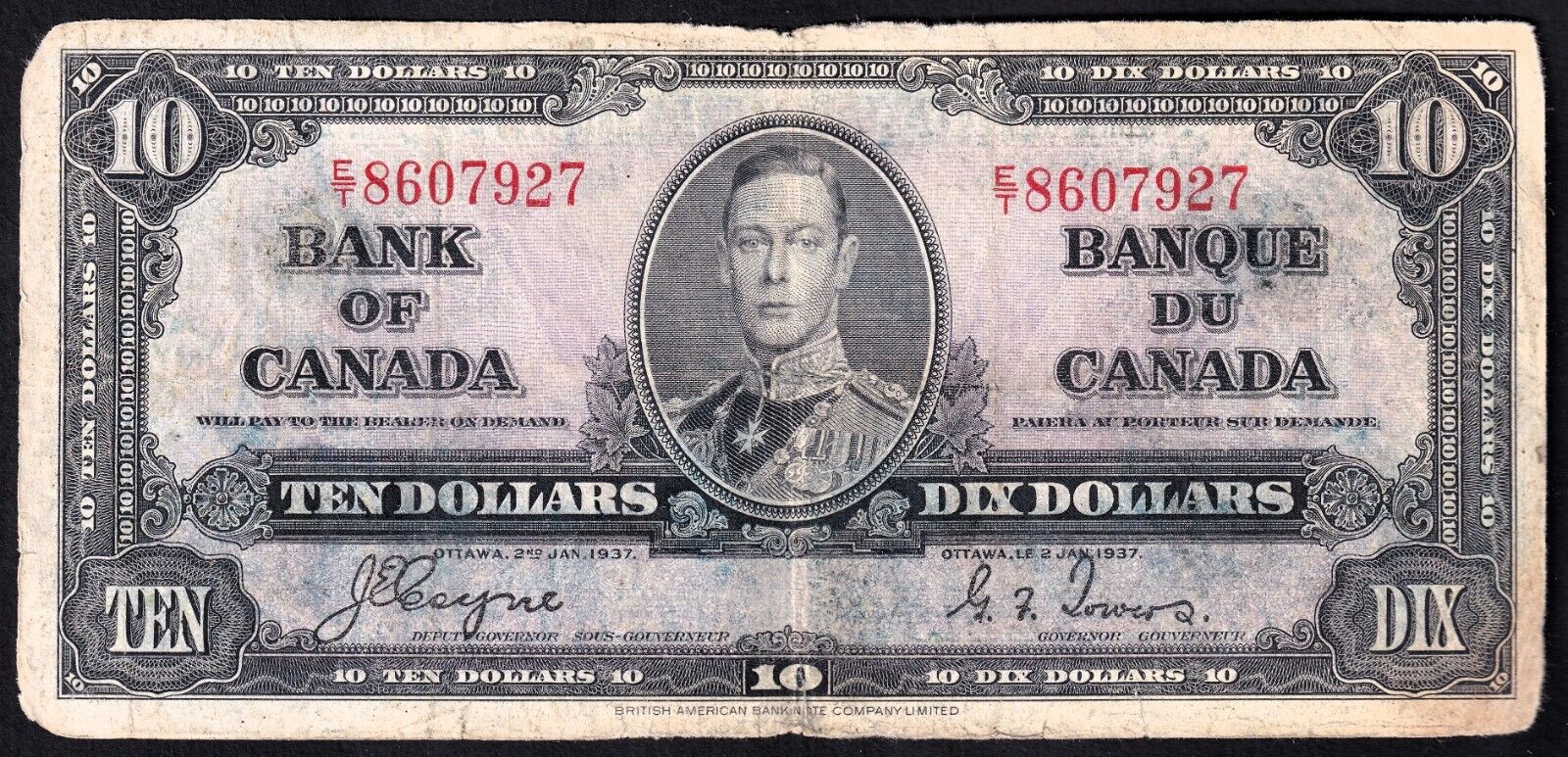 Canada 1937 $10 Ten Dollar Banknote Coyne - Towers E/T 8607927