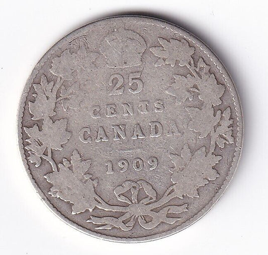 1909 Canada Silver Quarter 25 Twenty Five Cent Piece King Edward Semi Key