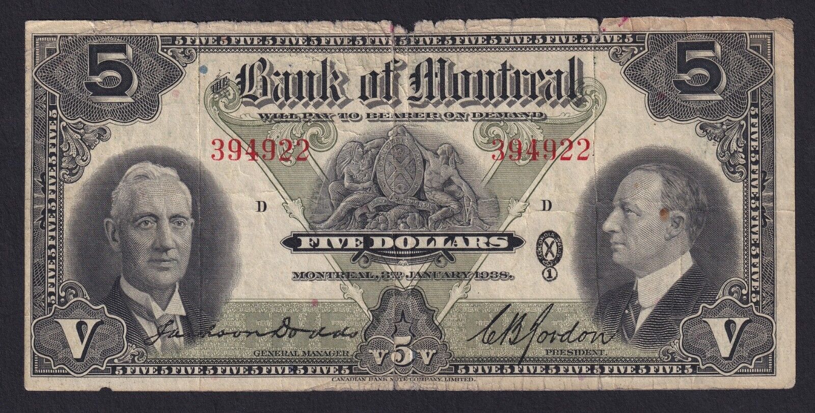 Bank Of Montreal 1938 $5 Five Dollar Chartered Note -  Fine Plus!