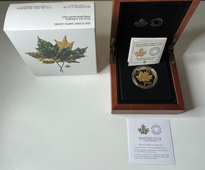 2021 RCM Masters Club Iconic Maple Leaves $20 Pure Silver Proof Gold-Plated Coin