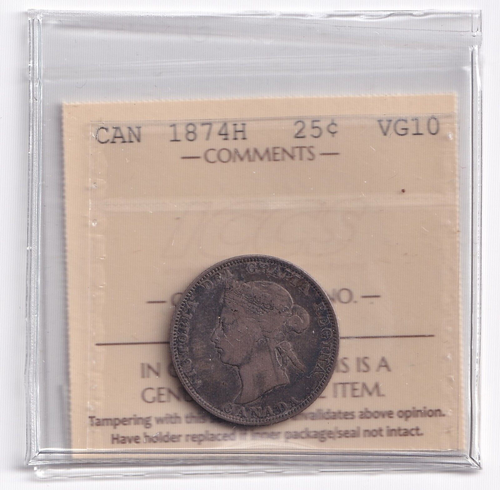 Canada 1874 H Twenty Five Cent 25c Silver Coin ICCS Graded VG 10 .925 Silver