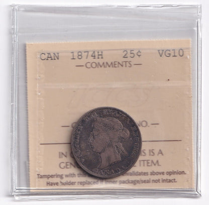 Canada 1874 H Twenty Five Cent 25c Silver Coin ICCS Graded VG 10 .925 Silver