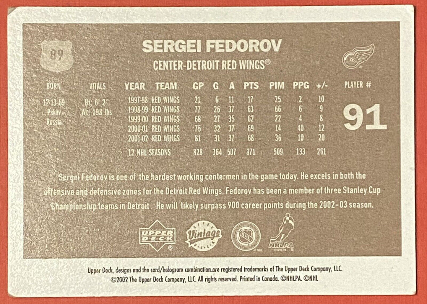 Upper Deck Vintage 2002-03 Sergei Fedorov #89 Detroit Red Wings