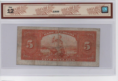 Canada 1935 $5 Five Dollar Banknote BCS Certified F-12 Writing, Holes