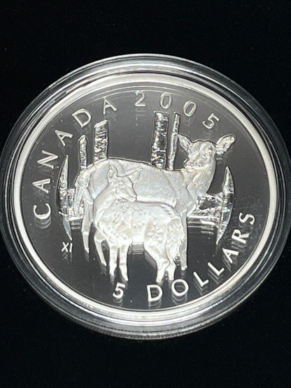 2005 Canada $5 Fine Silver Coin and Stamp Set White Tailed Deer & Fawn