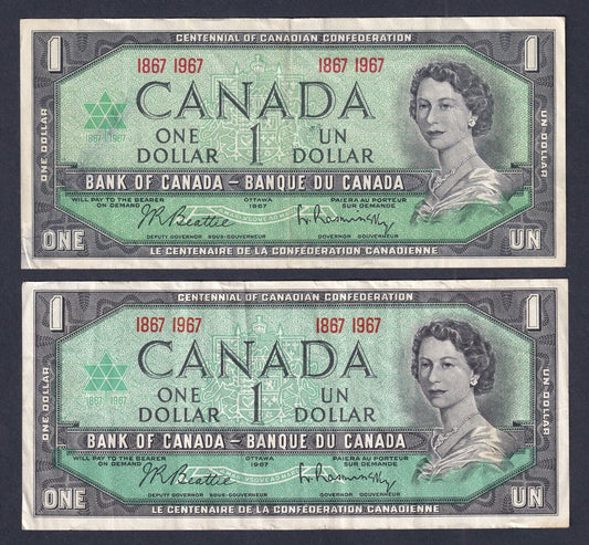 Canada 1967 $1 One Dollar Banknote Lot Of Two Beattie-Raminsky (Nicer Grades)