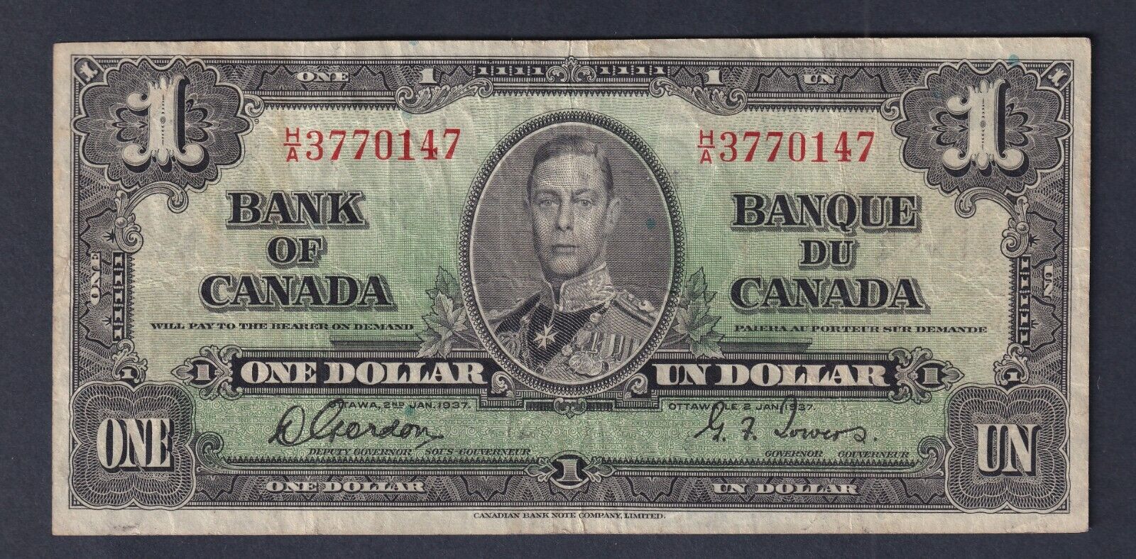 Canada 1937 $1 One Dollar Banknote VF Very Fine Narrow Panel Gordon-Towers