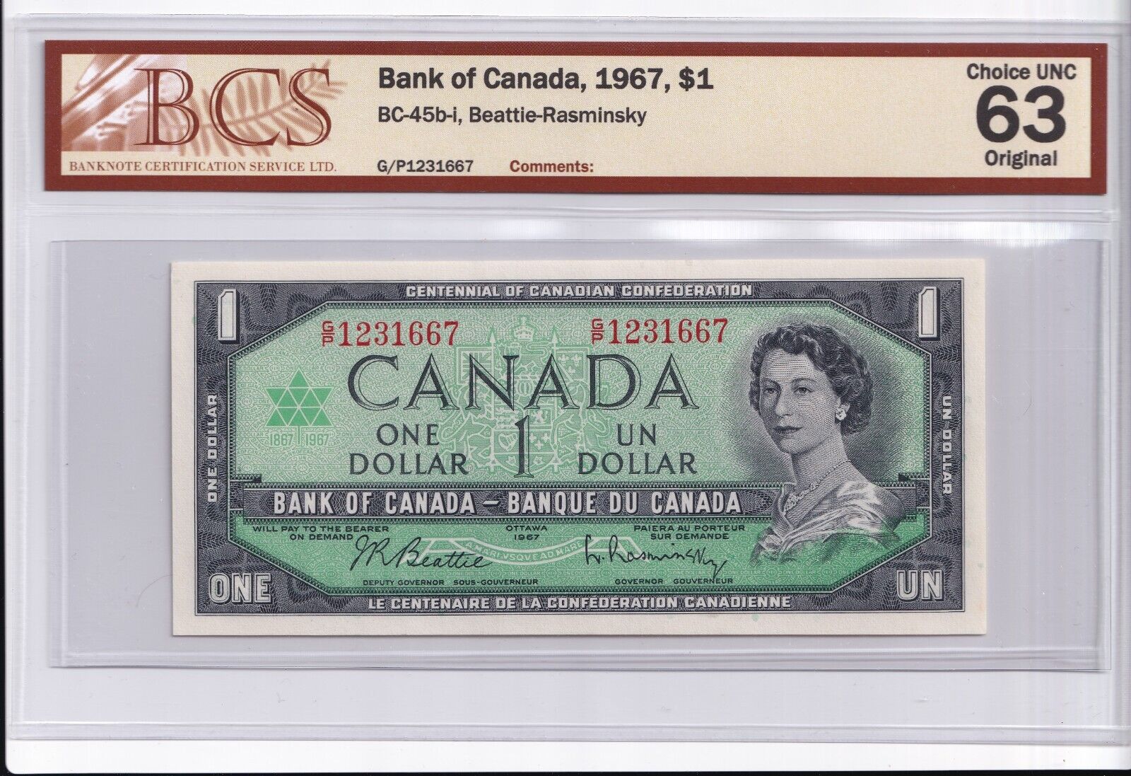 Canada 1967 $1 One Dollar Banknote Beattie - Rasminsky BCS CUNC - 63