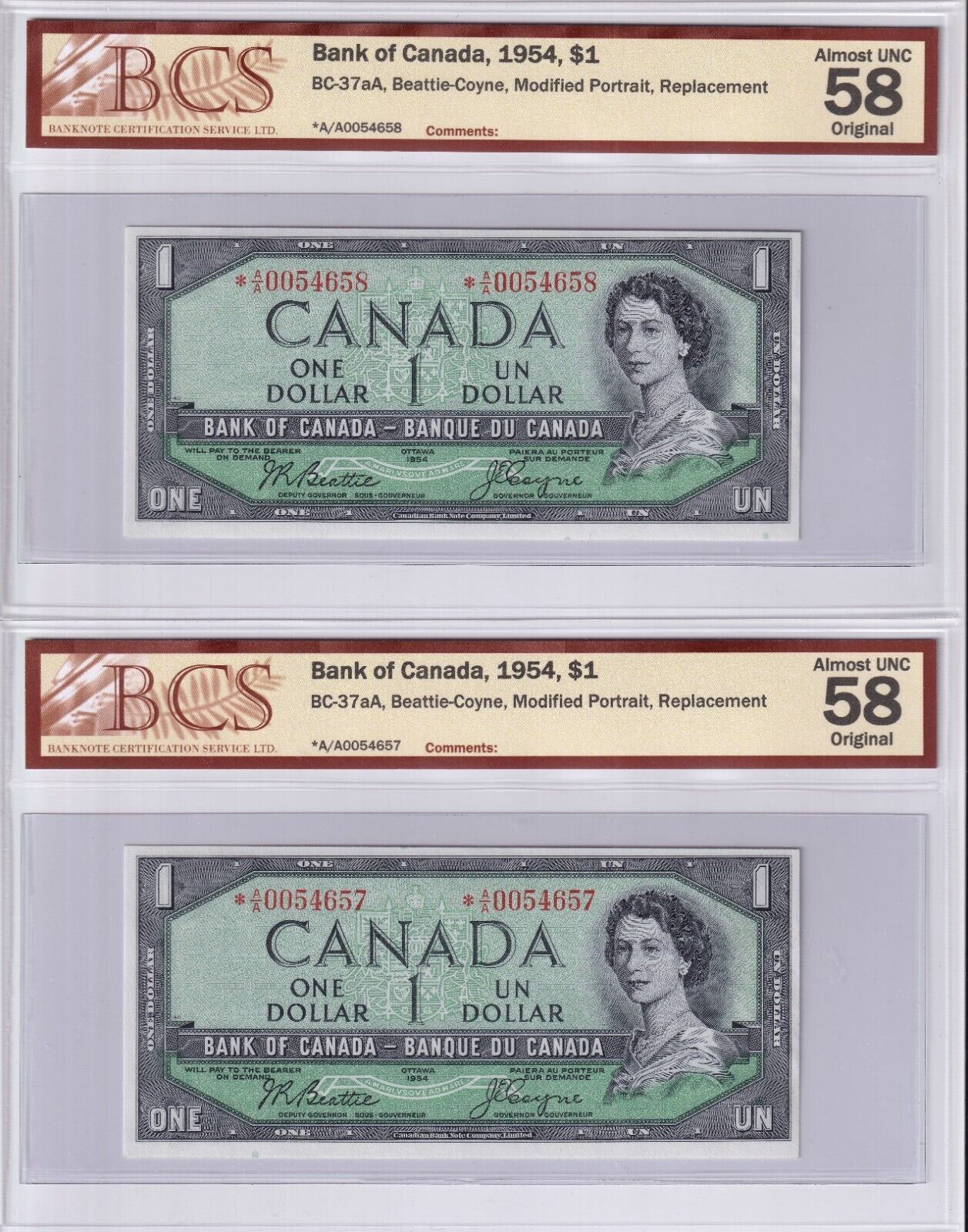 Canada 1954 $1 One Dollar Consecutive BCS Graded Banknotes Beattie - Coyne AU 58