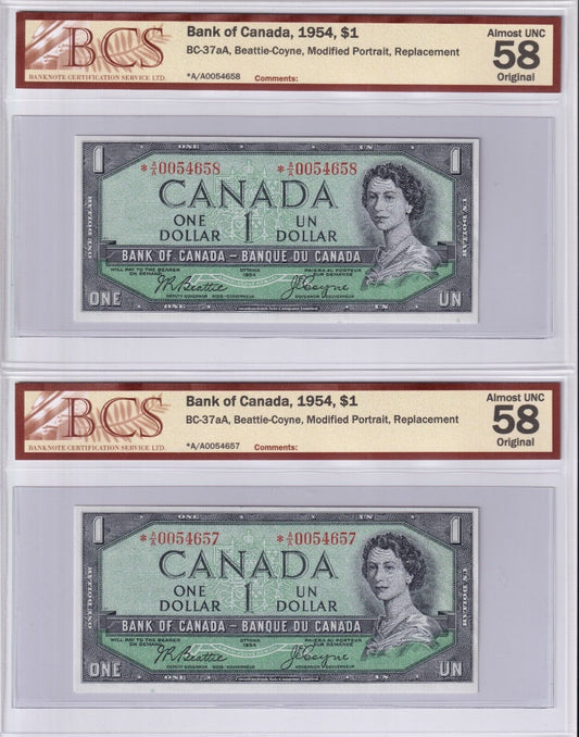 Canada 1954 $1 One Dollar Consecutive BCS Graded Banknotes Beattie - Coyne AU 58