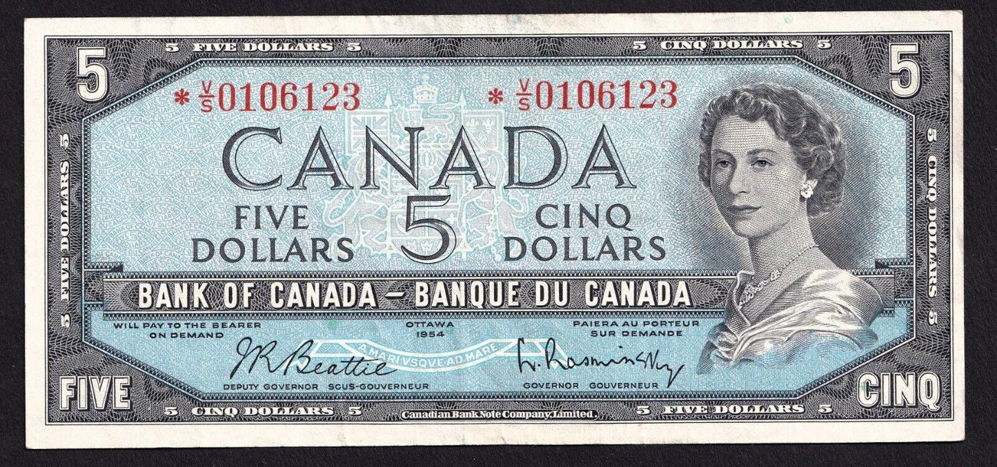 Canada 1954 $5 Five Dollar Replacement Banknote Beattie - Rasminsky *V/S 0106123