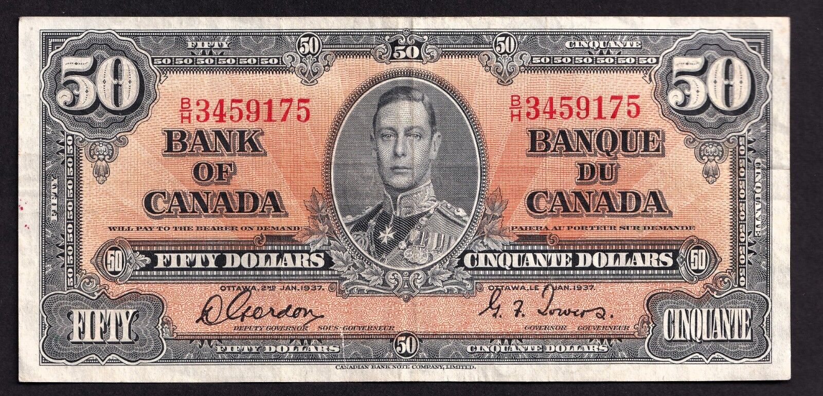 Canada 1937 $50 Fifty Dollar Banknote Gordon - Towers B/H 33459175