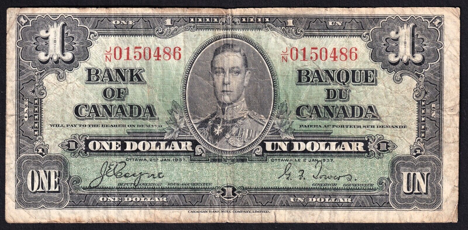 Canada 1937 $1 One Dollar Banknote Coyne - Towers J/N 0150486