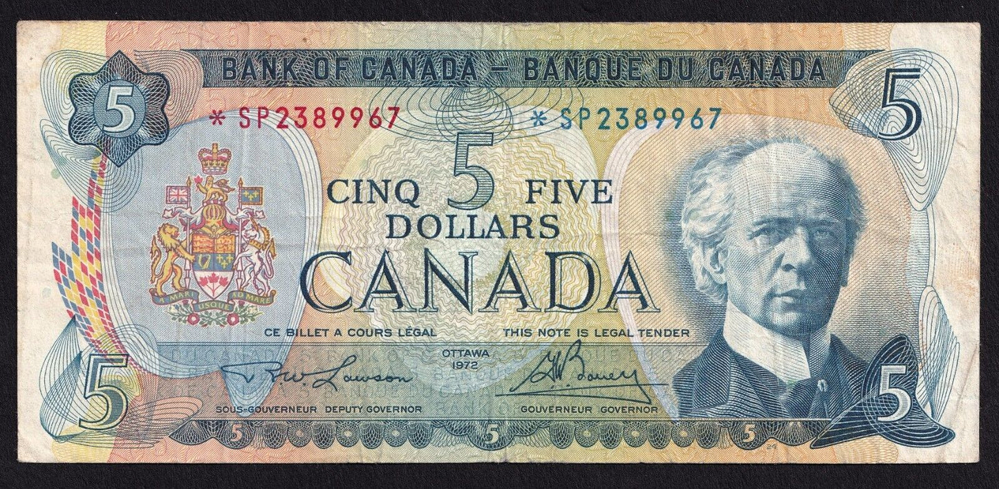 Canada 1972 $5 Five Dollar Banknote Lawson - Bouey Replacement *SP 2389967