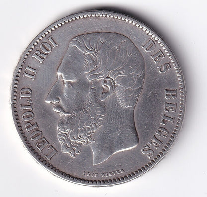 1870 Belgium 5 Francs Leopold II Roi des Belges .900 Silver Large Coin #3