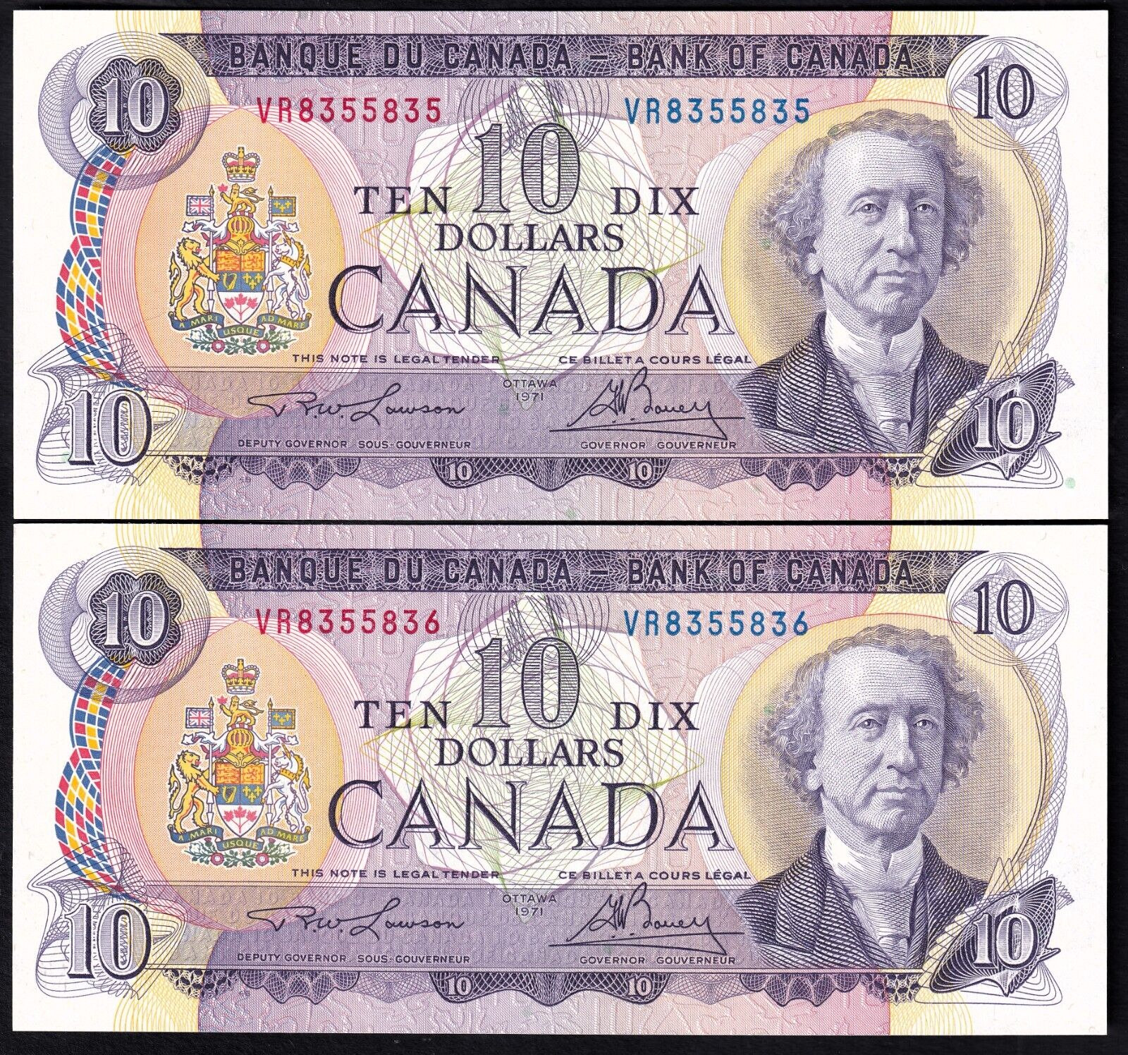 Canada 1971 $10 Ten Dollar Lot Of Two Consecutive Banknotes Lawson - Bouey UNC