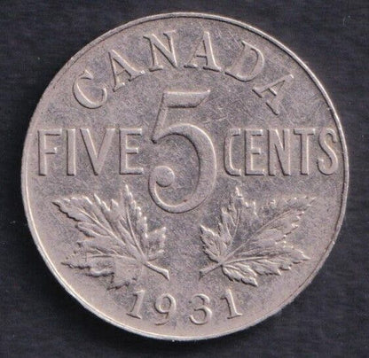 Canada 1931 Five Cent 5c Nickel King George V Very Fine +