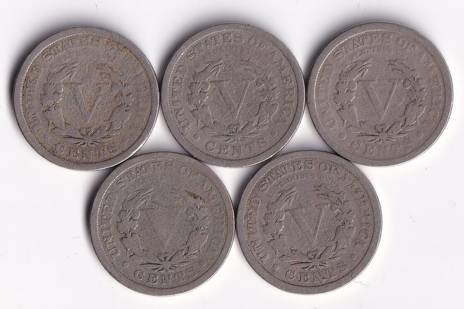 USA 1911 5c Liberty Head Nickel Lot Of Five VG Very Good Harder Date