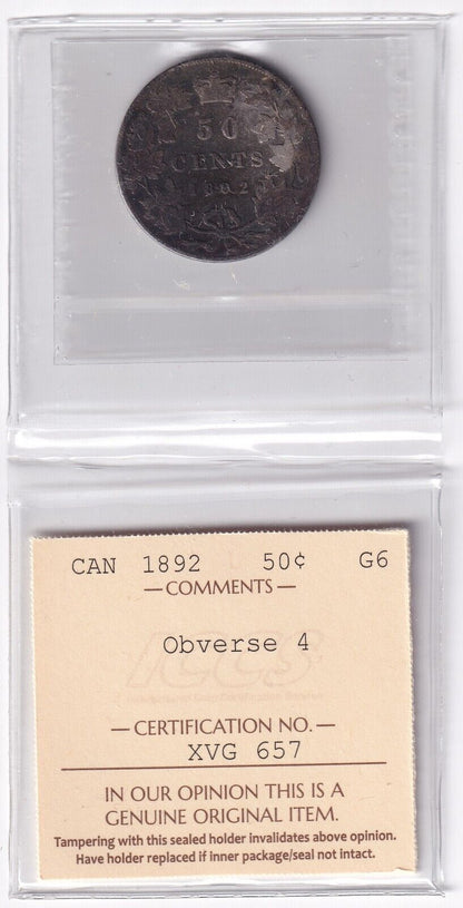 Canada 1882 Fifty Cent 50c Silver Coin ICCS Graded Good G6 .925 Silver Obverse 4