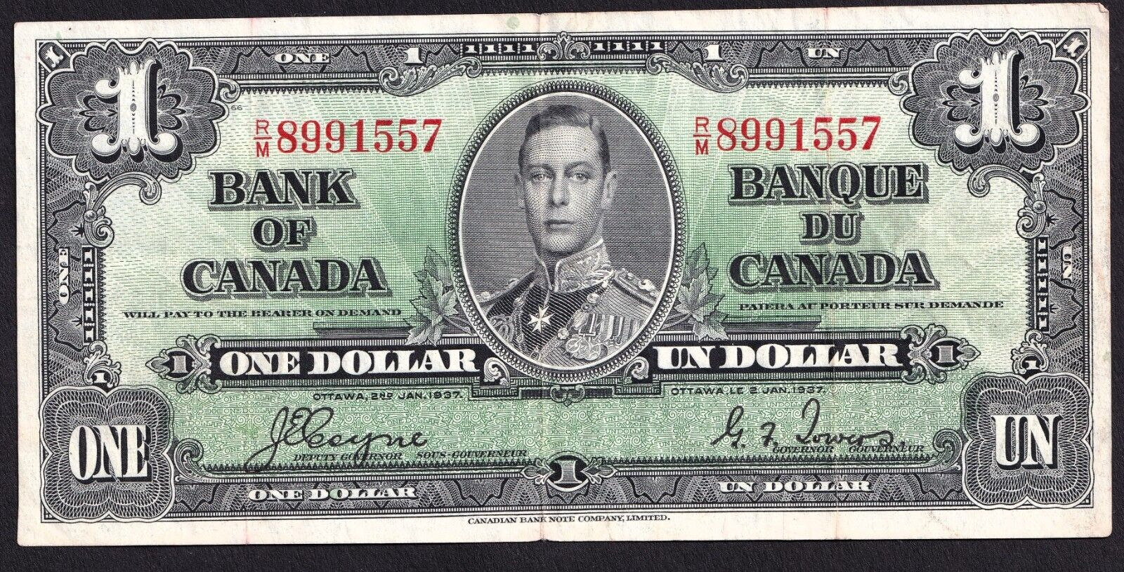 Canada 1937 $1 One Dollar Banknote Coyne - Towers R/M 8991557