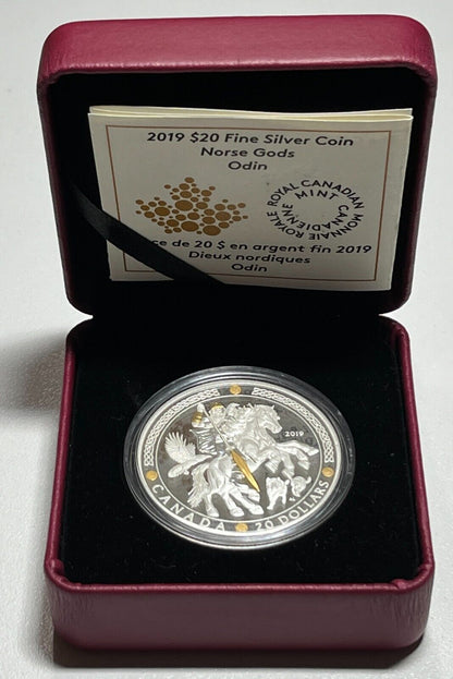 2019 $20 1 oz. Pure Silver Gold-Plated Coin - Norse Gods: Odin With Box + COA