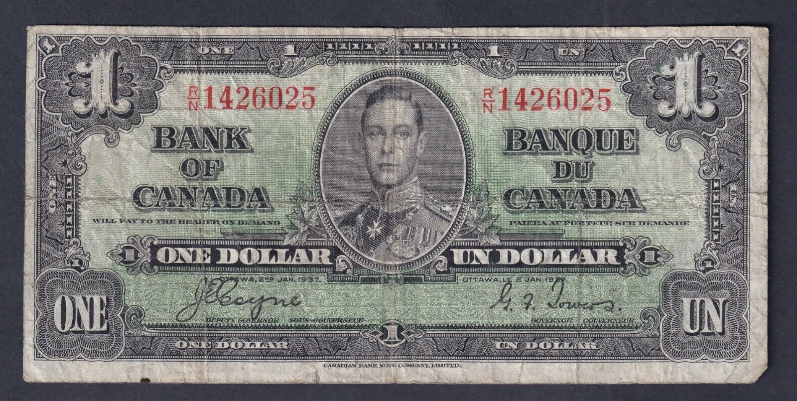 Canada 1937 $1 One Dollar Banknote Coyne-Towers