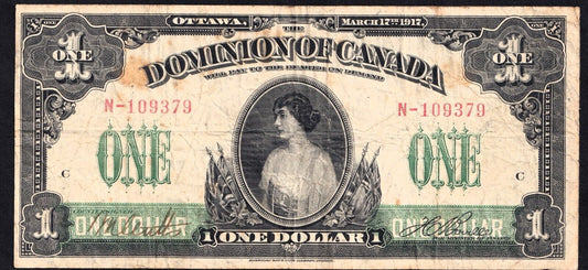 Dominion Of Canada 1917 $1 One Dollar Banknote Boville N - 109379