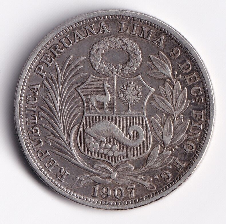 Peru 1907 Silver 1/2 Sol Republic National Arms Seated Liberty Lima Coin Rare