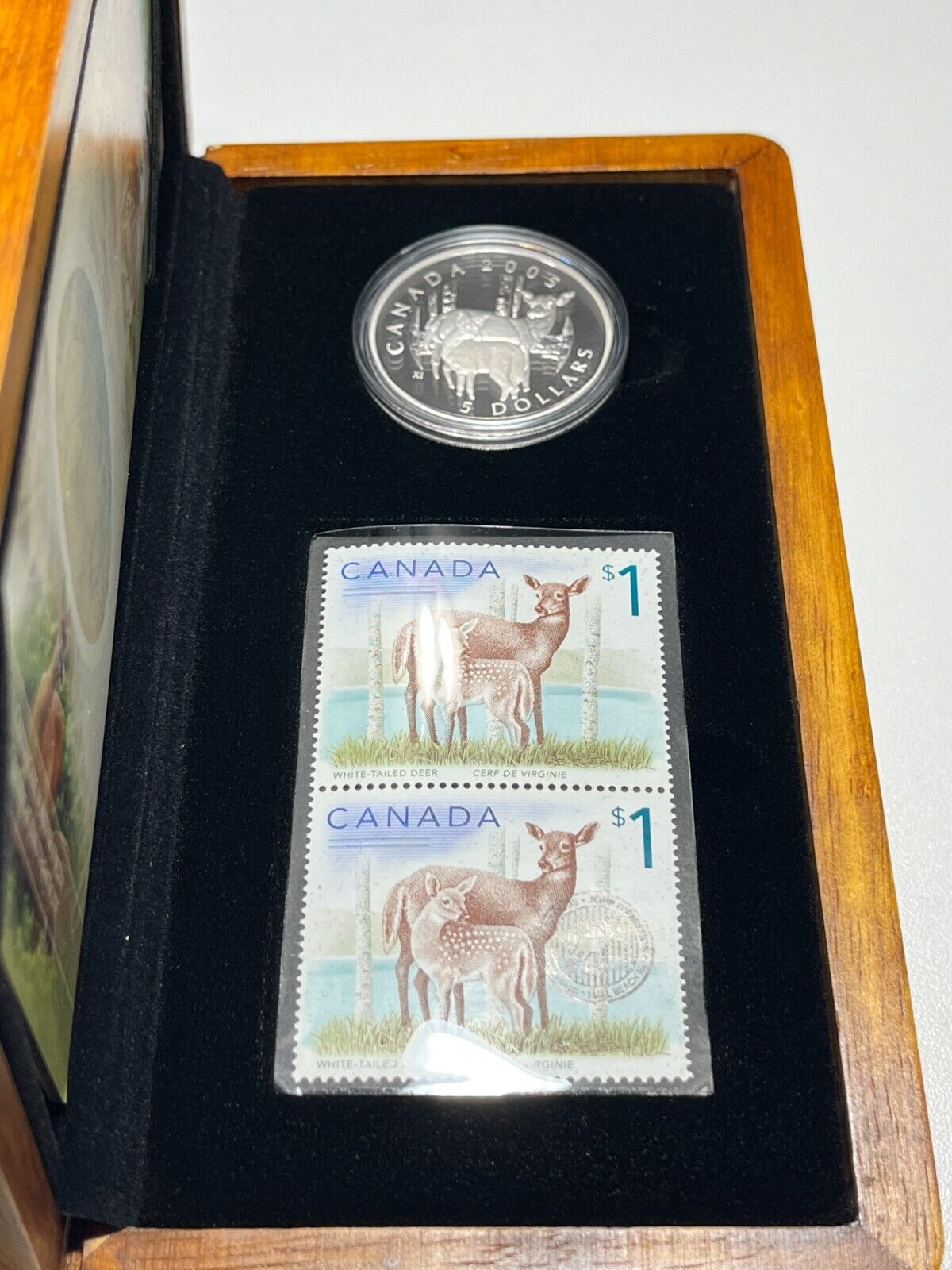 2005 Canada $5 Fine Silver Coin and Stamp Set White Tailed Deer & Fawn