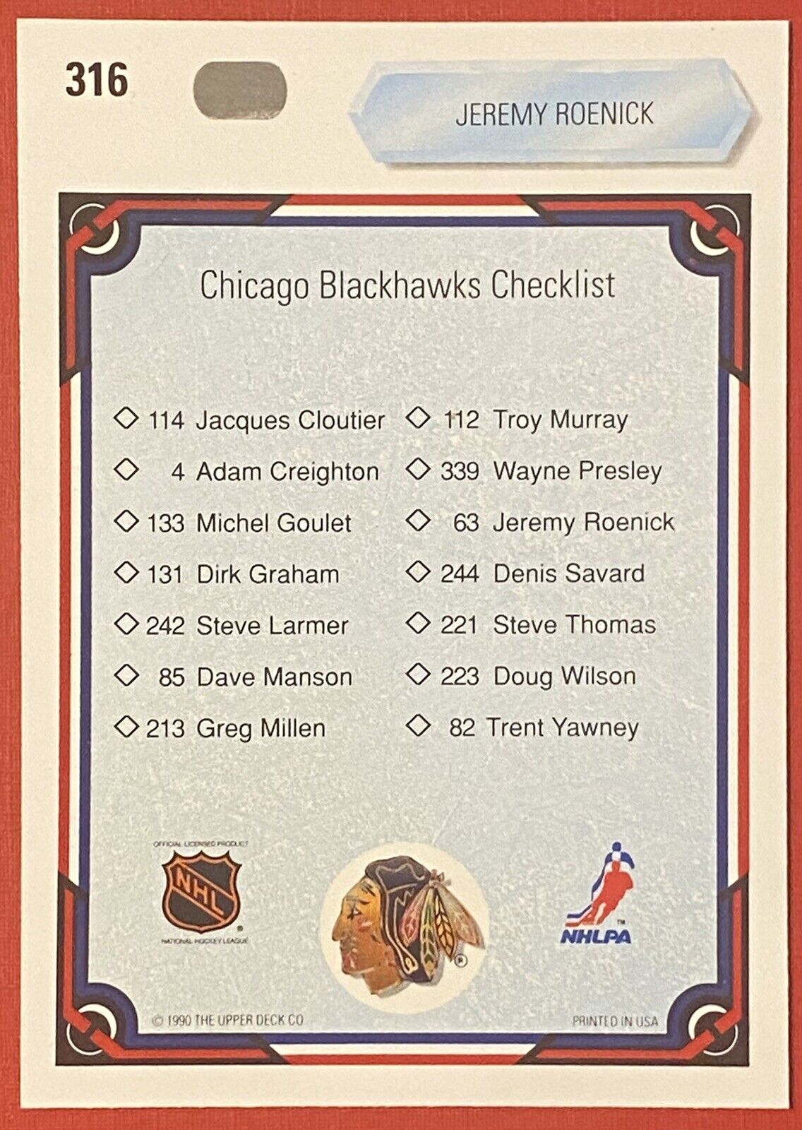 1990-91 The Collector's Choice TEAM CHECKLIST LIST Jeremy Roenick Blackhawks