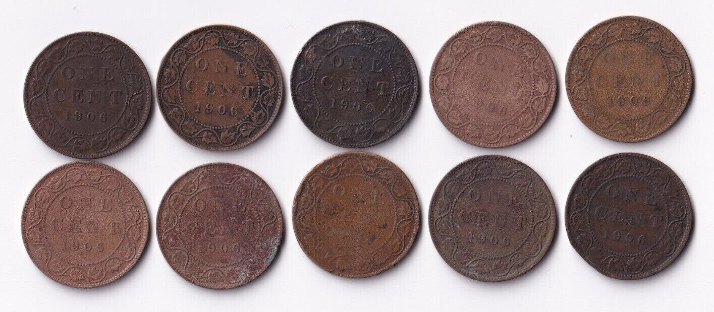 Canada 1906 1 Cent Lot of 10 Large Cents King Edward Coins