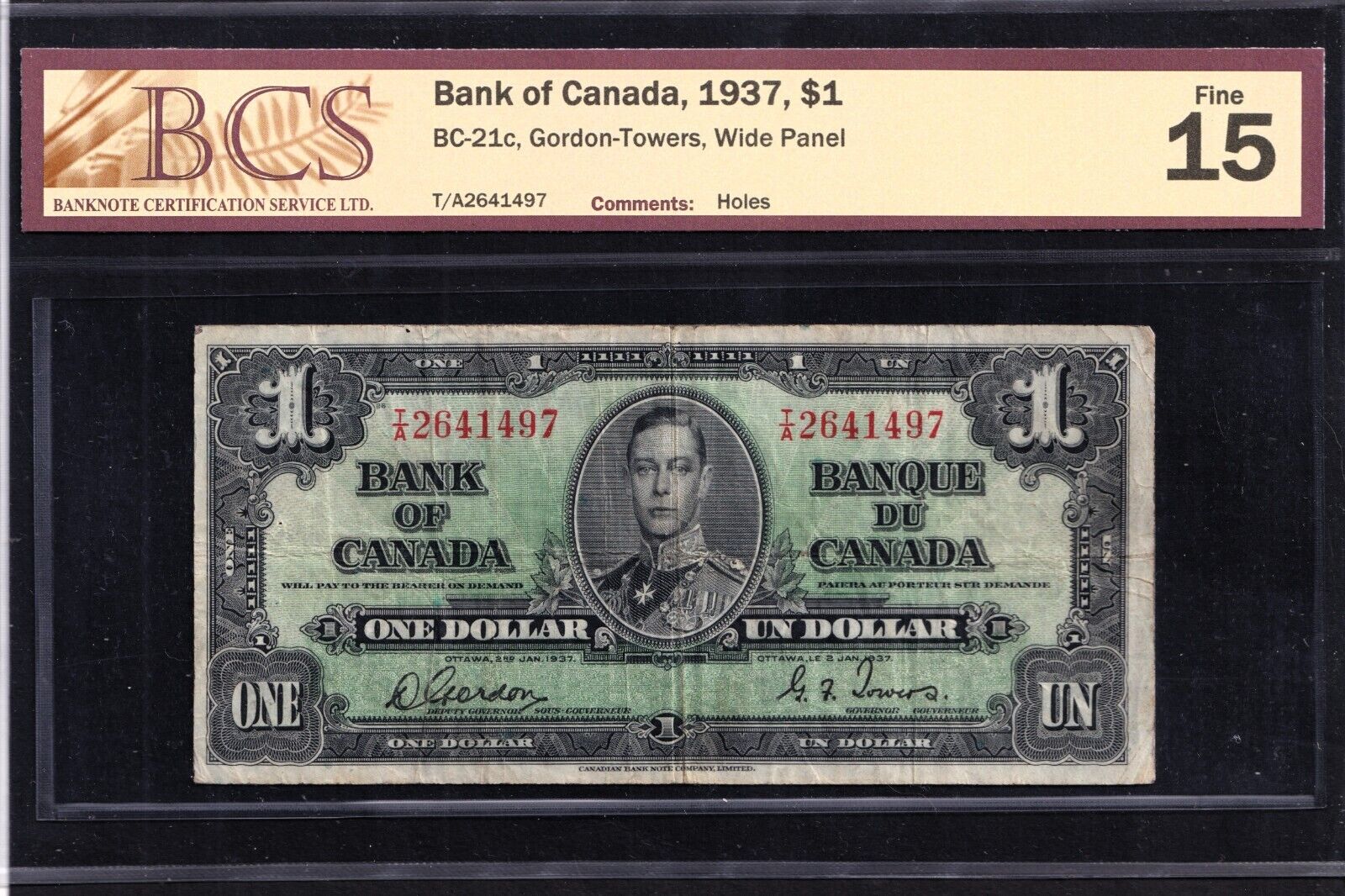 Canada 1937 $1 One Dollar Banknote Gordon - Towers T/A 2641497 BCS F-15