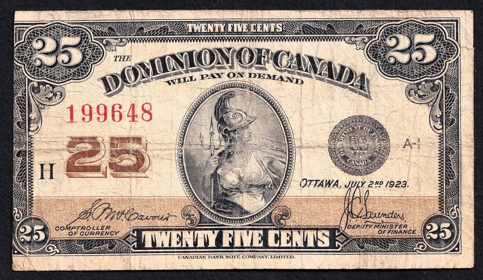 1923 Dominion of Canada 25c Shinplaster Note McCavour - Sanders 199648