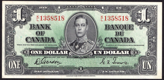 Canada 1937 $1 One Dollar Banknote Gordon - Towers K/L 1358518