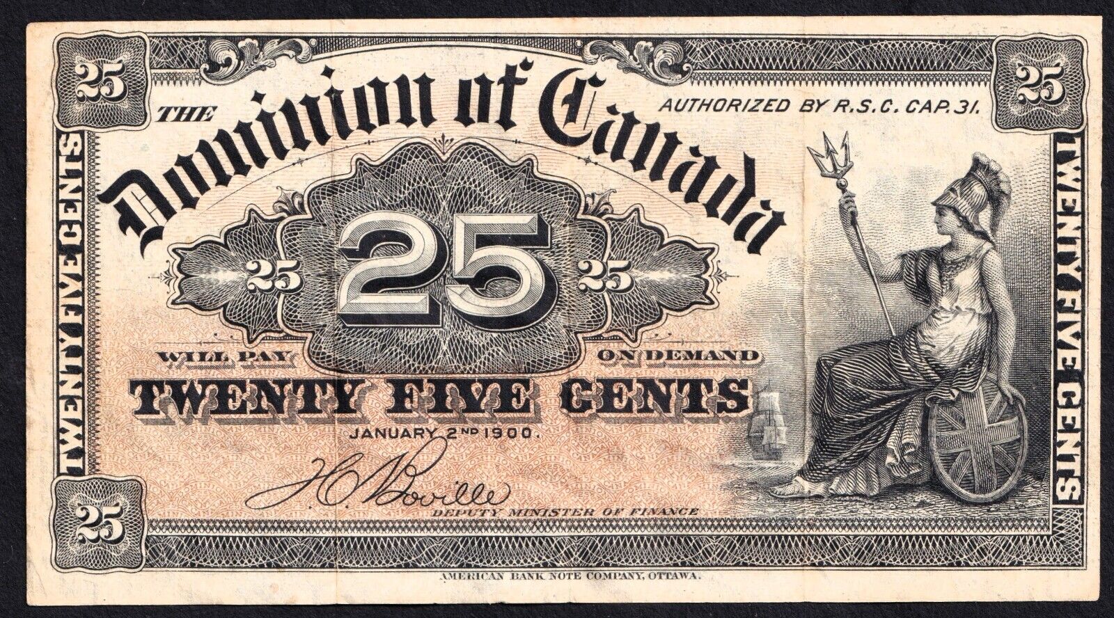 1900 Dominion of Canada 25c Shinplaster Note Boville - Nice Details #00