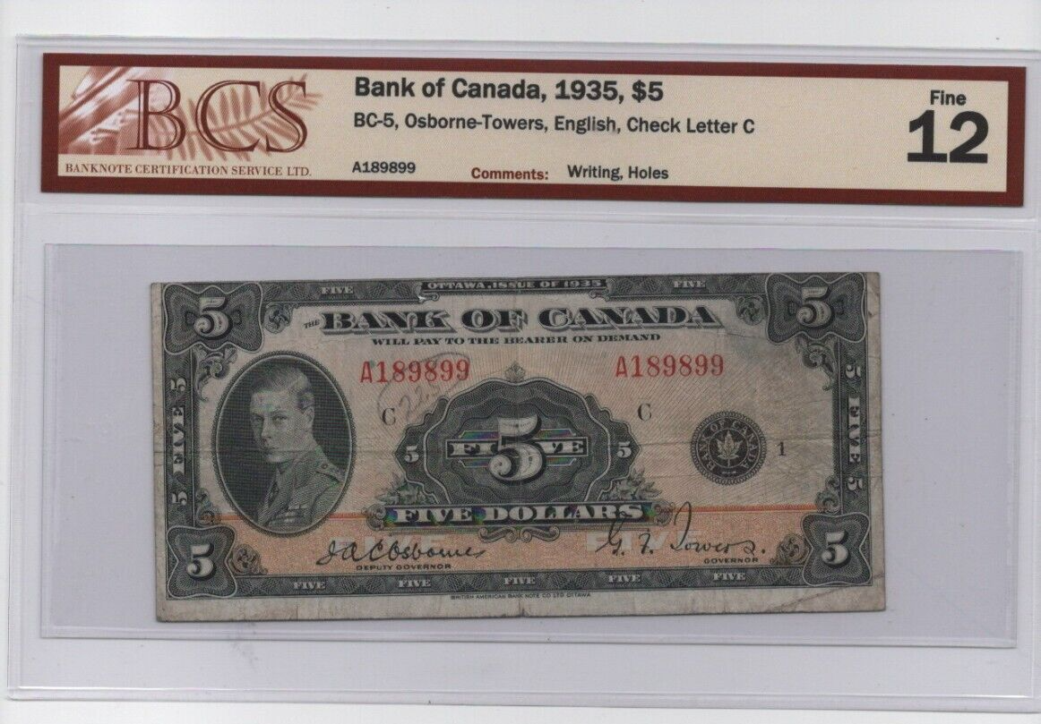 Canada 1935 $5 Five Dollar Banknote BCS Certified F-12 Writing, Holes