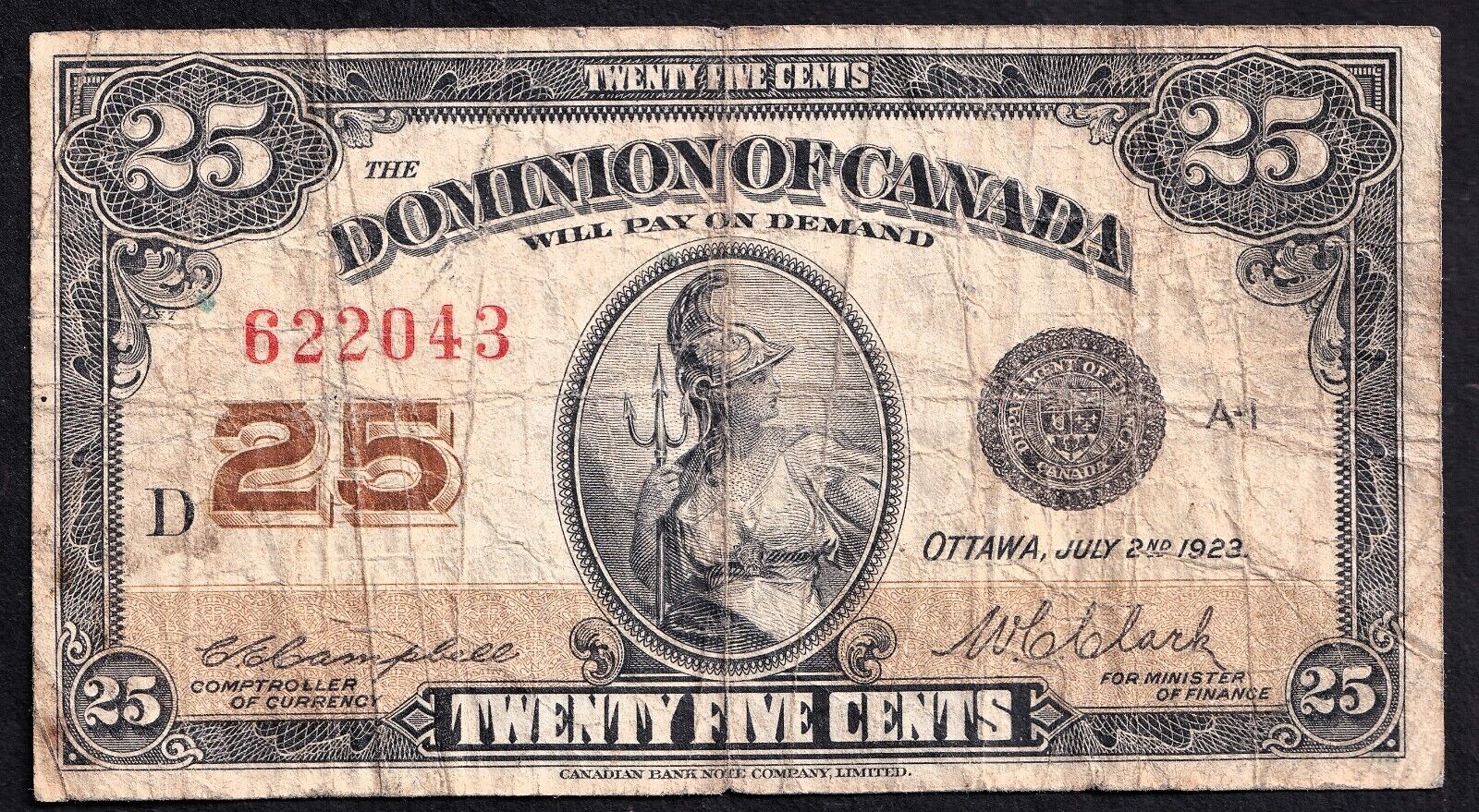 1923 Dominion of Canada 25c Shinplaster Note Campbell - Clark 622043