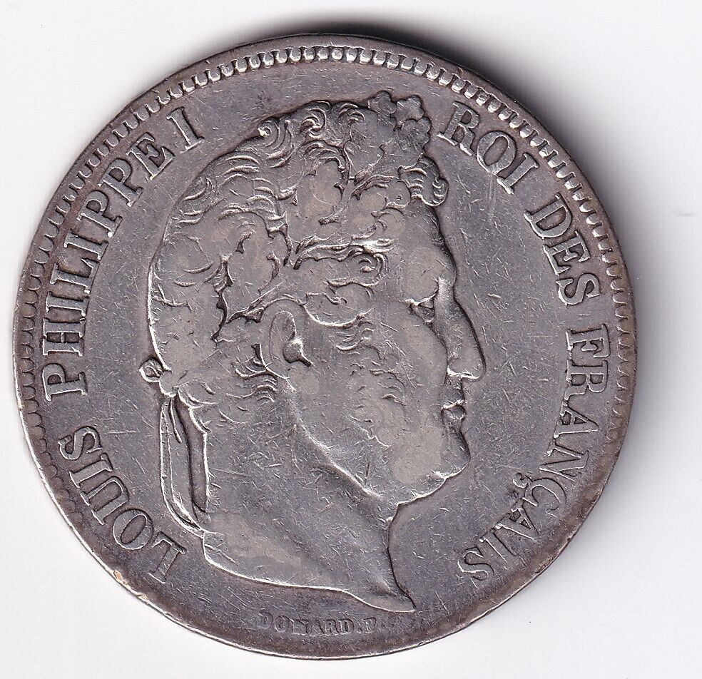 1834 A France 5 Francs Paris Louis Philippe Roi des Francais .900 Silver Large