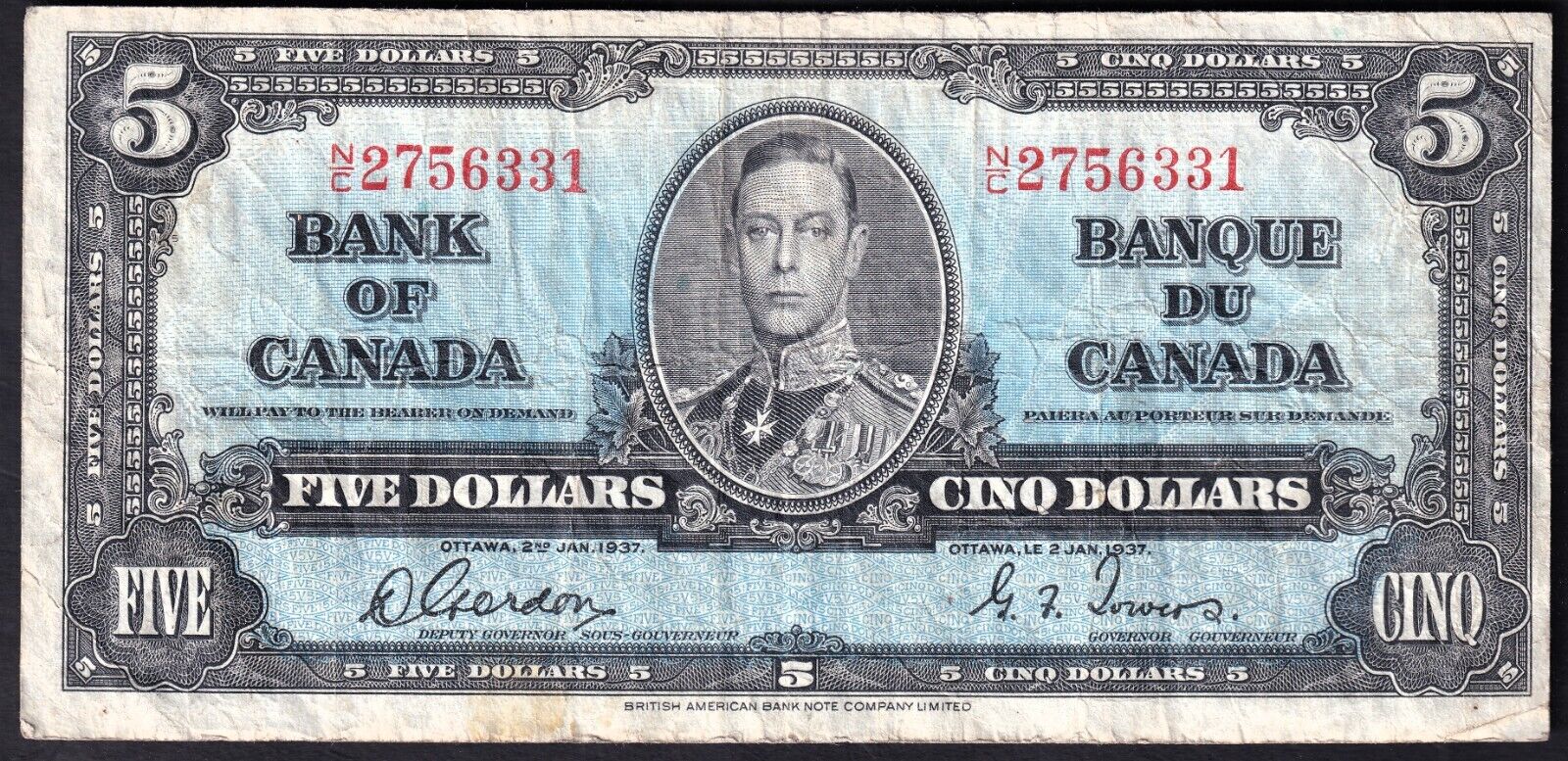 Canada 1937 $5 Five Dollar Banknote Gordon - Towers N/C 2756331