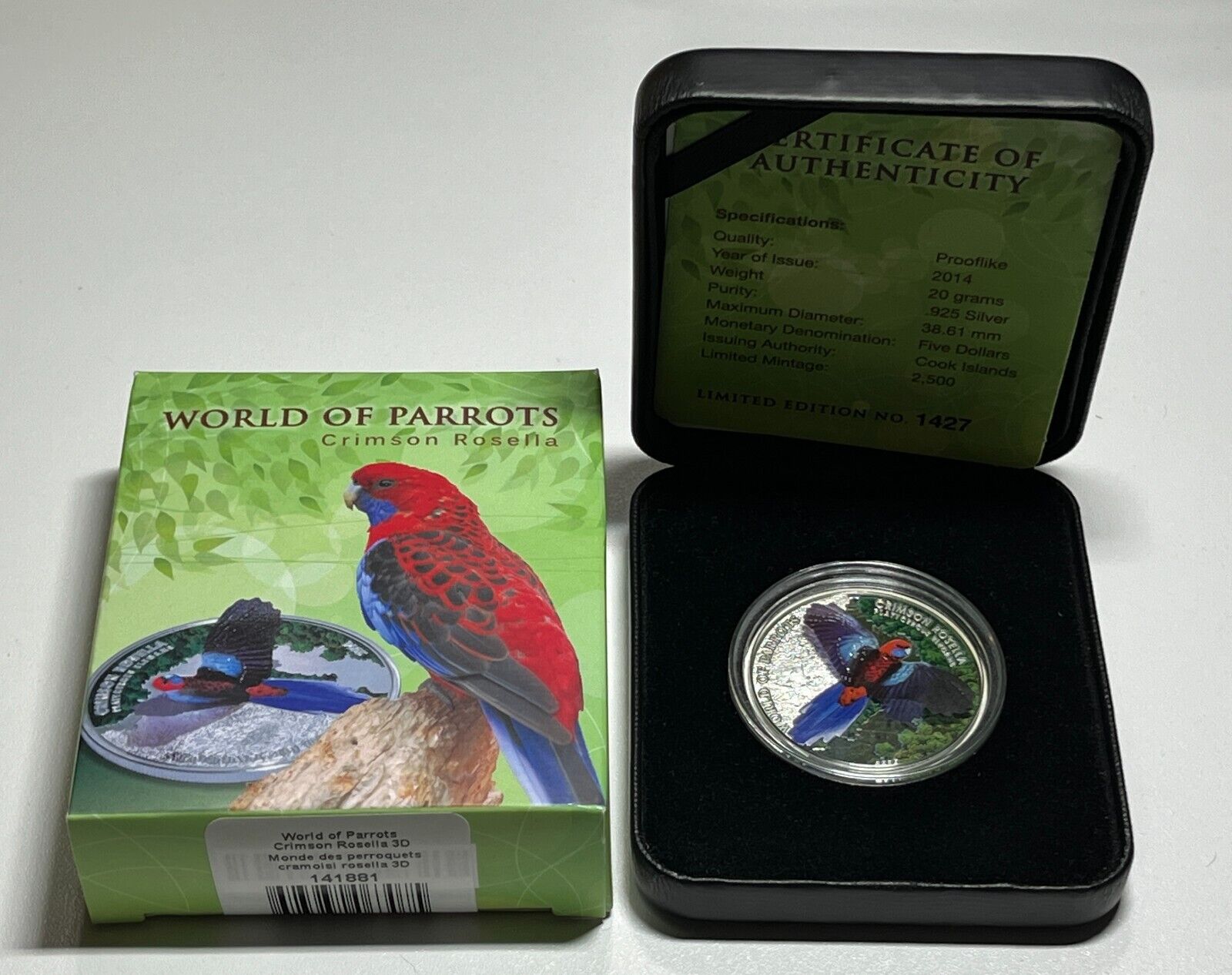 2014 Cook Islands $5 Silver Proof '3D World of Parrots - Crimson Rosella'