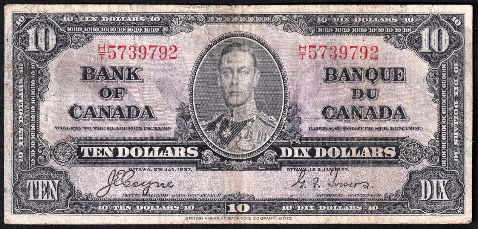 Canada 1937 $10 Ten Dollar Banknote Coyne - Towers H/T 5739792