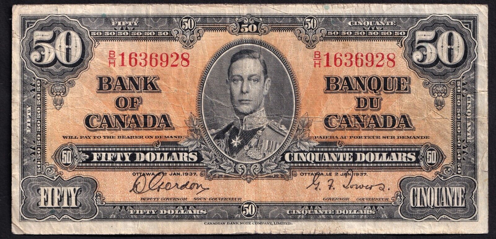 Canada 1937 $50 Fifty Dollar Banknote Gordon - Towers B/H 1636928