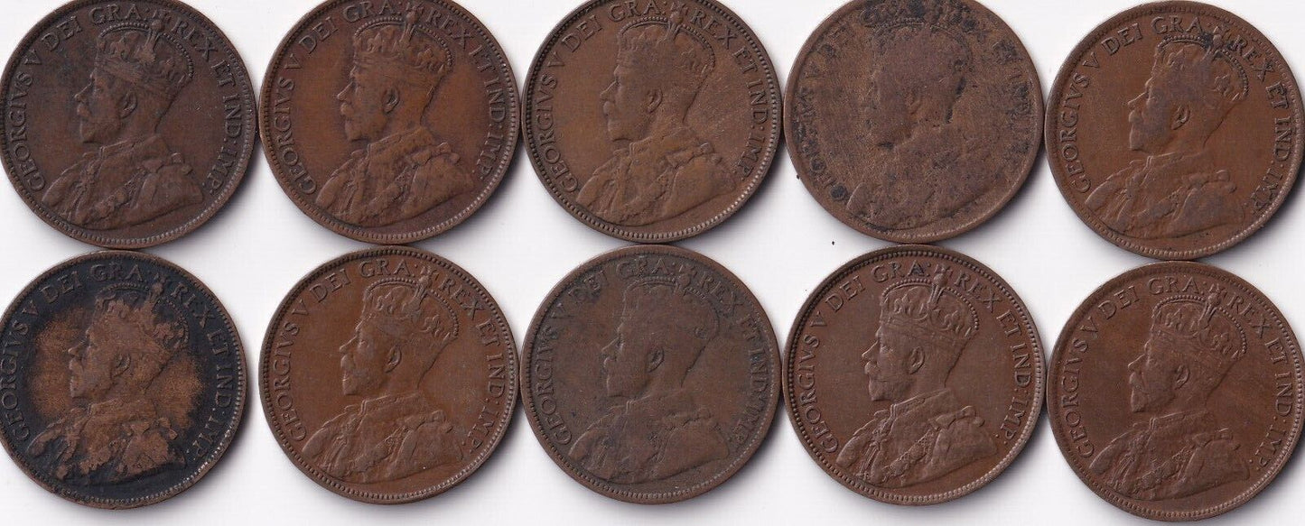 Canada 1918 1 Cent Lot of Ten Large Cents King George V Coins Harder Date