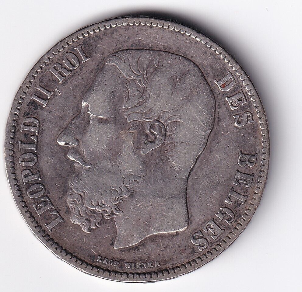 1870 Belgium 5 Francs Leopold II Roi des Belges .900 Silver Large Coin #1